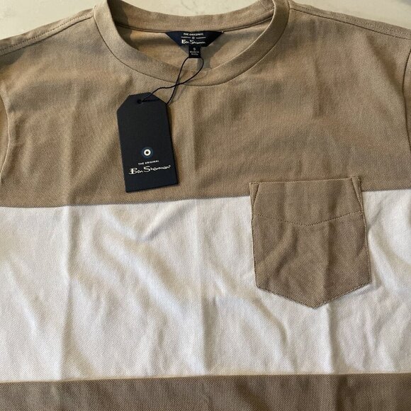 Ben Sherman Men's T-Shirt Small Sand White Crew Neck Short Sleeve New Striped - Picture 1 of 5